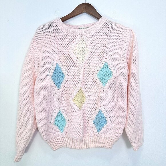 Vintage Hand Knit Colter Bay Pink Grannycore Pink Loose Knit Crewneck Sweater L - Picture 1 of 6